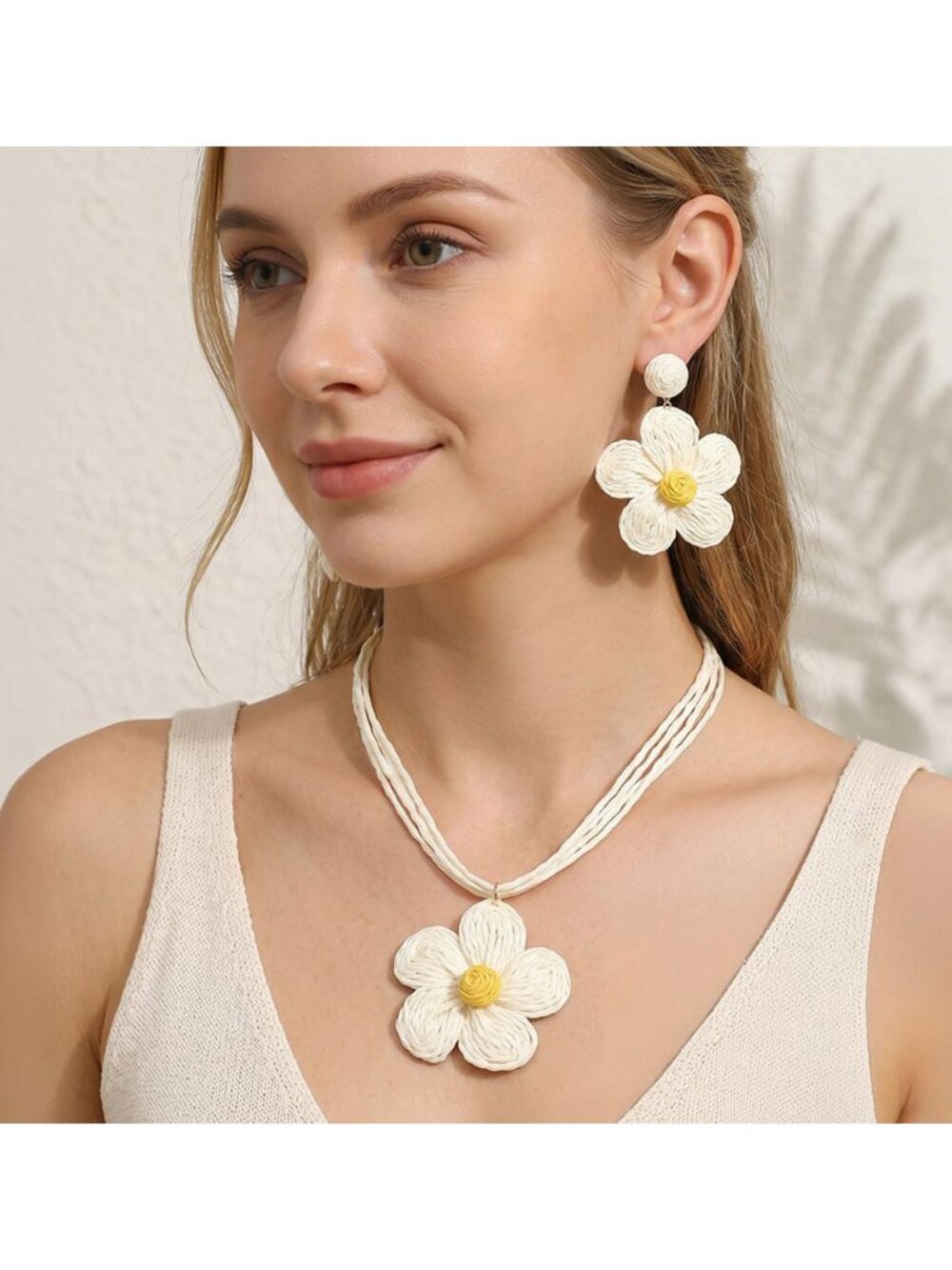 Tigerstars Ivory Raffia Woven Floral Pendant Multi Strand Necklace